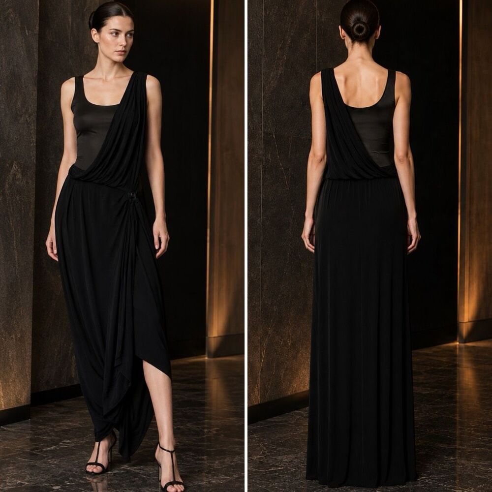 McQ Alexander McQueen Black Asymmetric Draped Maxi Dress Size S Italy - Picture 12 of 12